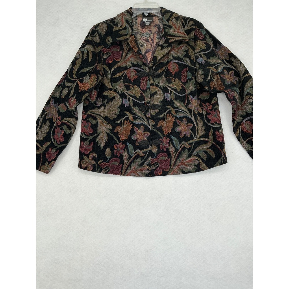 First Option Tapestry Jacket Women Medium Black Floral Frog Button Art To Wear - Picture 2 of 7